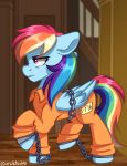  chained female feral friendship_is_magic grumpy hi_res my_little_pony prison_jumpsuit prison_uniform prisoner rainbow_dash_(mlp) smolducko solo 