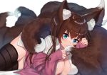  1girl animal_ear_fluff animal_ears ayul_(ayulneri_92) blue_eyes breasts brown_hair brown_legwear cleavage commission fox_ears fox_girl fox_tail highres jacket kitsune large_breasts large_tail long_hair looking_at_viewer lying multiple_tails off_shoulder on_stomach one_side_up original pink_jacket plushmallow shirt simple_background skindentation smile solo tail thighhighs thighs white_background white_shirt 