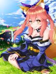  1girl absurdres animal_ear_fluff animal_ears bare_shoulders black_legwear blue_kimono blue_ribbon blush breasts cleavage cloud cloudy_sky detached_sleeves erdongjinming eyebrows_visible_through_hair fate/extella fate/extra fate/extra_ccc fate/grand_order fate_(series) fox_ears fox_girl fox_tail grass hair_ribbon highres japanese_clothes kimono large_breasts looking_at_viewer nature outdoors pink_hair ribbon sky solo tail tamamo_(fate)_(all) tamamo_no_mae_(fate) tree water waterfall yellow_eyes 