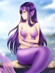  1girl blurry blurry_background blush breasts cleavage closed_mouth day doki_doki_literature_club floating_hair gigamessy hair_between_eyes hair_ornament hairclip long_hair looking_away medium_breasts mermaid monster_girl outdoors pink_eyes profile purple_hair shiny shiny_hair sitting smile solo straight_hair strapless very_long_hair yuri_(doki_doki_literature_club) 