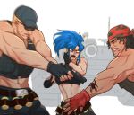  1girl 3boys bandana baseball_cap blue_hair bug clark_still crop_top dodoro999 earrings fingerless_gloves gloves ground_vehicle gun hat heidern jewelry leona_heidern midriff military military_vehicle motor_vehicle multiple_boys navel ponytail ralf_jones spider tank the_king_of_fighters weapon 