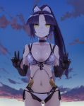  1girl android bangs bare_shoulders bikini black_hair blue_sky breasts choker cleavage closed_mouth collarbone double_v fate/grand_order fate_(series) gradient gradient_background highres joints katou_danzou_(fate/grand_order) long_hair looking_at_viewer mechanical_arm medium_breasts navel parted_bangs ponytail rainen_ganbarimashita robot_joints sidelocks sky smile sunset swimsuit thighs v white_bikini yellow_eyes 