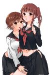  2girls bangs black_sailor_collar black_serafuku black_shirt black_skirt blunt_bangs breast_press brown_eyes brown_hair collarbone collared_shirt eyebrows_visible_through_hair groin hair_between_eyes highres honda_mio idolmaster idolmaster_cinderella_girls lifted_by_another long_hair long_sleeves midriff mifune_miyu miniskirt mouth_hold multiple_girls na_greentea0302 navel neckerchief open_clothes open_skirt panties panty_peek pleated_skirt red_neckwear sailor_collar sailor_shirt school_uniform serafuku shiny shiny_hair shirt short_hair simple_background sketch skirt skirt_lift stomach twintails twitter_username underwear white_background white_shirt yuri 