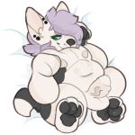  1:1 anthro balls belly big_belly big_ears bull_terrier canid canine canis chubby_cheeks chubby_male clementine dakimakura_design dakimakura_pose domestic_dog ear_piercing ear_stud ears_up foot_focus genitals green_eyes grey_nose grey_pawpads grey_spots hair hunting_dog littlemitts looking_aside looking_away male mammal nipples overweight overweight_male pawpads paws penis piercing purple_hair slightly_chubby smile soft solo solo_focus spots terrier thick_tail vein veiny_penis white_body 