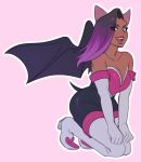  1girl animal_ears bat_wings breasts cosplay crossover dark_skin elbow_gloves eyeshadow full_body gloves gradient_hair hands_on_own_knees highres makeup mole mole_on_breast mole_under_eye mole_under_mouth multicolored_hair overwatch raito1 rouge_the_bat simple_background sombra_(overwatch) sonic_the_hedgehog wings 