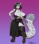  anthro areola areola_slip big_breasts black_hair breasts cleavage clothed clothing dress felid female footwear hair hair_over_eye hand_on_hip hi_res high_heels huge_breasts legwear mammal nipple_outline one_eye_obstructed pantherine plankboy shoes snow_leopard solo thigh_highs wide_hips 