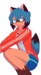  2020 absurd_res ameenmhad anthro black_body black_fur black_hair blue_body blue_eyes blue_fur blue_hair bottomwear brand_new_animal brown_body brown_fur canid canine clothed clothing female fluffy fluffy_tail fur hair hi_res jacket mammal michiru_kagemori multicolored_body multicolored_eyes multicolored_fur multicolored_hair open_jacket open_mouth pink_eyes raccoon_dog short_hair shorts simple_background solo studio_trigger tanuki topwear white_background 