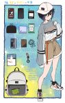  1girl absurdres bag belt black_hair blush book cellphone earphones fujiya_takao green_eyes hand_up handkerchief hat highres kusunoki_suzu original phone shoes shorts smartphone socks solo star_(symbol) walkman wallet 