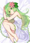  1girl arms_up bare_arms bare_shoulders barefoot bed_sheet blush closed_mouth daifukumochi_(akaaokiiwo) dress flower full_body gen_4_pokemon green_eyes green_hair green_nails hair_flower hair_ornament knees_up long_hair looking_at_viewer lying mythical_pokemon nail_polish on_side personification pink_flower pokemon shaymin solo toenail_polish very_long_hair white_dress 