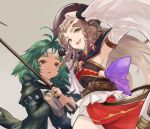  2girls ahoge armpits belt braid dark_skin granblue_fantasy green_hair grey_hair hair_lift heterochromia highres kolulu_(granblue_fantasy) long_hair multiple_braids multiple_girls nos pholia polearm spear thick_eyebrows weapon wide_sleeves 