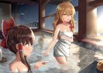  2girls bare_tree bathing blonde_hair braid brown_eyes brown_hair commentary_request from_side hair_bun hair_ribbon hakurei_reimu highres kirisame_marisa kkkk12103 light_particles long_hair looking_to_the_side multiple_girls naked_towel nude onsen outdoors parted_lips pointing profile railing ribbon single_braid standing steam tokkuri touhou towel tray tree tress_ribbon very_long_hair wading winter yellow_eyes yuzu_(fruit) yuzu_bath 