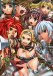  6+girls airi_(queen&#039;s_blade) armor armored_boots black_hair blonde_hair blue_eyes bob_cut boots braid breasts brown_eyes brown_hair cleavage elina eyebrows_visible_through_hair fangs food fruit grapes green_eyes hairband headband headdress holding holding_shield holding_sword holding_weapon irma kei_(bekei) large_breasts leina long_hair maid_headdress menace multiple_girls nowa open_mouth outstretched_arm plant pointing pointing_at_viewer pointing_weapon queen&#039;s_blade red_eyes red_hair risty shield shiny shiny_skin short_hair silver_hair sword tongue tongue_out twin_braids vines weapon 