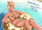  1girl absurdres animal_ears armpits bangs beach beach_chair beach_umbrella bikini blonde_hair blurry blurry_background blush braid breasts cat_ears cat_girl cleavage collarbone commentary_request commission cowboy_shot dark_skin dated eyebrows_visible_through_hair facial_mark final_fantasy final_fantasy_xiv flower food hair_between_eyes hair_flower hair_ornament highres holding holding_food innertube large_breasts licking looking_at_viewer masaki_nanaya midriff miqo&#039;te navel ocean open_mouth partially_submerged popsicle ripples sand shadow short_hair side_braid sidelocks signature slit_pupils solo sparkle swimsuit tongue tongue_out umbrella wet whisker_markings yellow_bikini 