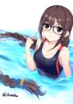  1girl akuta_hinako artist_name bangs black-framed_eyewear blush braid breasts brown_hair cleavage collarbone commentary_request earrings fate/grand_order fate_(series) glasses highres holding holding_hair jewelry kureha_(angelite) long_hair looking_at_viewer partially_submerged shiny shiny_hair solo swimsuit twitter_username very_long_hair water watermark wet wet_clothes wet_swimsuit yellow_eyes 