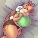  1:1 2020 anthro bed big_breasts blue_body blue_fur bottomwear breasts clothed clothing cuddling dewlap_(anatomy) dipstick_ears duo eyelashes eyes_closed facial_tuft fangs female fur furniture hand_holding hazel_(shakotanbunny) hi_res huge_breasts klaus_(shakotanbunny) lagomorph leporid lying male mammal midriff multicolored_ears nipple_outline on_bed on_side pillow rabbit shakotanbunny shirt signature smile stretching t-shirt tan_body tan_fur thick_thighs topwear whiskers wide_hips 