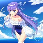  1girl absurdres artist_name blue_eyes blue_sky blue_swimsuit breasts cleavage cloud collarbone cowboy_shot day fate/grand_order fate_(series) highleg highleg_swimsuit highres long_hair looking_at_viewer lu_b medium_breasts meltryllis meltryllis_(swimsuit_lancer)_(fate) outdoors purple_hair sky sleeves_past_fingers sleeves_past_wrists solo strapless strapless_swimsuit swimsuit tongue tongue_out twitter_username 