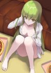  1girl ass breasts c.c. cleavage code_geass collared_shirt couch feet food from_above green_hair knees_up long_hair looking_at_viewer medium_breasts naked_shirt on_floor pizza shirt sitting solo tea_(nakenashi) thighs very_long_hair white_shirt yellow_eyes 