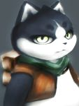  3:4 anthro backpack black_body black_fur clothing felid feline fur green_eyes grey_background hasukii hi_res looking_at_viewer male mammal overweight overweight_male scarf simple_background solo the_great_warrior_wall topwear vest white_body white_fur xiao_hei 