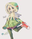  1girl bangs blonde_hair blush_stickers boots breloom brown_capelet closed_mouth cross-laced_footwear daifukumochi_(akaaokiiwo) dress eyebrows_visible_through_hair fingerless_gloves fur-trimmed_hood fur_trim gen_3_pokemon gloves green_dress green_eyes green_legwear grey_background hood hood_up lace-up_boots long_sleeves personification pokemon pokemon_number red_footwear red_gloves simple_background sleeves_past_wrists smile solo standing standing_on_one_leg tail thighhighs thighhighs_under_boots 