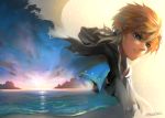  1boy artist_name bangs bird blonde_hair blue_eyes closed_mouth cloud commentary_request earrings hair_between_eyes highres jewelry link making-of_available male_focus matcho pointy_ears scenery short_hair sky smile solo star_(sky) sunrise tagme the_legend_of_zelda the_legend_of_zelda:_breath_of_the_wild water 