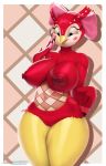  2020 animal_crossing anthro areola avian beak big_breasts bird border bow breasts celeste_(animal_crossing) digital_media_(artwork) female genitals hi_res huge_breasts navel nintendo nipples non-mammal_breasts owl pattern_background pussy shadow simple_background solo text thousandfoldfeathers url video_games white_border 