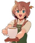  1girl animal_ears apron ayunda_risu brown_hair choker coffee coffee_mug coffee_talk cup green_eyes hair_ornament hairclip highres hololive_indonesia looking_at_viewer low_twintails malammart mug open_mouth solo squirrel_ears squirrel_girl twintails virtual_youtuber 