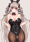  1girl alternate_costume animal_ears azur_lane bare_shoulders black_legwear black_leotard black_nails black_neckwear blush bow bowtie breasts bunny_ears bunnysuit cleavage closed_mouth collarbone commentary cowboy_shot detached_collar eyebrows_visible_through_hair eyelashes fake_animal_ears formidable_(azur_lane) grey_background hair_ribbon highres holding holding_hair kuro_(tbm9187) large_breasts leotard long_hair looking_at_viewer nail_polish pantyhose red_eyes ribbon silver_hair simple_background solo thigh_gap twintails wrist_cuffs 