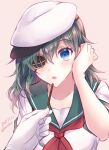  1girl blue_eyes eyepatch food gloves green_hair hat holding holding_food kabocha_torute kantai_collection kiso_(kancolle) medium_hair neckerchief pocky red_neckerchief remodel_(kantai_collection) reward_available sailor_hat school_uniform serafuku short_sleeves solo_focus white_gloves white_headwear 