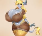  2020 5_fingers absurd_res alternate_species anthro big_breasts blonde_hair blush bottomwear bovid bovine breasts cleavage clothed clothing derp_eyes derpy_hooves_(mlp) female fingers friendship_is_magic hair hi_res horn huge_breasts kaikururu long_hair mammal my_little_pony navel shirt shorts signature simple_background solo tail_ring topwear yak yellow_eyes 