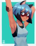  2020 anthro black_hair black_nose blue_eyes blue_hair blush bollymation brand_new_animal breasts brown_body canid canine clothed clothing female hair hi_res jacket looking_at_viewer mammal michiru_kagemori multicolored_hair raccoon_dog shirt smile solo studio_trigger tank_top tanuki topwear 