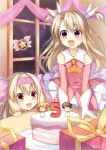  2girls anniversary ascot bangs bare_shoulders binato_lulu blonde_hair bow box cake commentary_request detached_sleeves dress eyebrows_visible_through_hair fate/kaleid_liner_prisma_illya fate_(series) food gift gift_box gloves hair_between_eyes hair_bow hairband hand_on_table illyasviel_von_einzbern indoors long_hair looking_at_viewer magical_girl multiple_girls night night_sky open_mouth orange_neckwear pink_dress red_eyes sitonai sky sleeveless sleeveless_dress two_side_up white_gloves window 