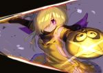  1girl aegislash bangs bare_shoulders black_capelet black_sleeves blonde_hair breasts capelet daifukumochi_(akaaokiiwo) detached_sleeves dress eyebrows_visible_through_hair gen_6_pokemon grey_background hair_over_one_eye holding holding_sword holding_weapon personification pokemon purple_eyes shield slashing sleeveless sleeveless_dress small_breasts solo sword weapon yellow_dress 