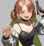  1girl breasts brown_eyes camisole choker cleavage earrings grey_background gun handgun highres holding holding_weapon jacket jewelry looking_at_viewer one_eye_closed open_clothes open_jacket open_mouth original pistol red_hair sara_manta short_hair simple_background small_breasts smile solo spaghetti_strap teeth tokarev_tt-33 twintails upper_body v weapon weapon_request 