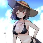  1girl armpits bare_arms bare_shoulders bead_necklace beads bikini black_bikini breasts brown_hair brown_headwear cleavage cloud collarbone counter_side hat jewelry junsuina_fujunbutsu large_breasts looking_at_viewer navel necklace one_eye_closed red_eyes short_hair smile solo stomach straw_hat string_bikini swimsuit upper_body 