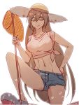  1girl alternate_costume black_hair butterfly_net casual denim denim_shorts hand_net hat kantai_collection kasumi_(skchkko) long_hair looking_at_viewer midriff nagato_(kantai_collection) shirt shorts simple_background sleeves_rolled_up solo straw_hat sun_hat sunglasses tied_shirt white_background 