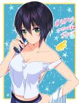  1girl bare_shoulders black_hair blush breasts can cleavage collarbone fujiya_takao green_eyes hair_between_eyes hand_on_hip highres holding holding_can kusunoki_suzu large_breasts no_bra original red_bull short_hair solo star_(symbol) tank_top 