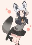  1girl animal_ear_fluff animal_ears bangs bat-eared_fox_(kemono_friends) beige_background black_bow black_hair black_skirt bow bowtie brown_eyes cheek_squash commentary_request elbow_gloves eyebrows_visible_through_hair foot_out_of_frame fox_ears fox_girl fox_tail fur-trimmed_sleeves fur_trim gloves grey_hair grey_jacket hands_on_own_cheeks hands_on_own_face hands_up highres jacket kemono_friends looking_at_viewer multicolored_hair pleated_skirt short_hair short_sleeves simple_background skirt smile solo standing standing_on_one_leg tail takami_masahiro thigh_gap 