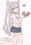  1girl 1other alternate_costume amatsukaze_(kantai_collection) barefoot belt blue_shorts brown_eyes camisole casual chigasaki_y choker collarbone commentary_request denim denim_shorts feet_out_of_frame frilled_shirt frills garter_straps highres kantai_collection long_hair looking_at_viewer shirt shorts silver_hair simple_background squirrel white_background 