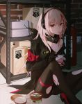  1girl absurdres armband bandana black_bandana black_legwear blonde_hair box cardboard_box chocolate_mint_ice_cream commentary cuts eating empty food girls_frontline grifon_&amp;_kryuger headgear highres ice_cream ice_cream_cup ice_cream_spoon injury long_hair long_sleeves looking_at_viewer lunaplum m4_sopmod_ii_(girls_frontline) mechanical_hands mouth_hold multicolored_hair off_shoulder opening panties panties_under_pantyhose pantyhose red_eyes shelf sitting solo spoon storage_room streaked_hair torn_clothes torn_legwear underwear 