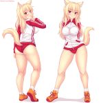  1girl :p animal_ear_fluff animal_ears arms_behind_back ass blonde_hair blush breasts cat_ears closed_mouth commentary english_commentary eyebrows_visible_through_hair fast-runner-2024 full_body hair_between_eyes highres jacket large_breasts long_hair long_sleeves looking_at_viewer multicolored multicolored_clothes multiple_views orange_footwear original panties patreon_username red_eyes red_panties red_sleeves shoes smile socks standing standing_on_one_leg tail thighs tiffy_(fast-runner-2024) tongue tongue_out track_jacket underwear watermark web_address white_background white_jacket zipper 