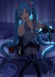  1girl apple aqua_eyes aqua_hair aqua_nails aqua_neckwear arm_support backlighting bare_shoulders black_legwear black_skirt black_sleeves blurry blurry_background blush bottle can collarbone commentary computer curtains detached_sleeves food fruit full_body grey_shirt hair_ornament half-closed_eyes hatsune_miku headphones headset highres holding_necktie indoors knees_together_feet_apart laptop leaning_forward light_particles long_hair looking_at_viewer miniskirt nail_polish necktie nokuhashi open_mouth pleated_skirt removing room shirt sitting sitting_on_table skirt sleeveless sleeveless_shirt smile solo table thighhighs trash_can twintails very_long_hair vocaloid zettai_ryouiki 