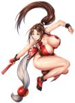  1girl areola_slip areolae bare_shoulders black_footwear breasts brown_eyes brown_hair cleavage closed_fan fan fatal_fury fighting_stance folding_fan high_ponytail highres huge_breasts long_hair ninja nyatokanyaru pelvic_curtain ponytail revealing_clothes rope shiranui_mai sidelocks the_king_of_fighters thighs wrist_cuffs 