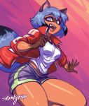  2020 absurd_res anthro black_body black_fur black_hair blue_body blue_eyes blue_fur blue_hair bottomwear brand_new_animal breasts brown_body brown_fur canid canine clothed clothing fangs female fluffy fluffy_tail fur hair hi_res jacket kemono mammal markings michiru_kagemori multicolored_body multicolored_fur multicolored_hair open_jacket open_mouth pose raccoon_dog sem-l-grim short_hair shorts signature solo studio_trigger tanuki topwear 