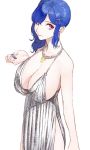  1girl azur_lane backless_dress backless_outfit bangs bare_shoulders blue_hair blue_nails breasts cicari cleavage closed_mouth commentary_request dress earrings evening_gown from_above grey_dress hair_between_eyes hair_ornament hairclip halter_dress jewelry large_breasts nail_polish necklace pink_eyes plunging_neckline revealing_clothes side_ponytail side_slit sidelocks silver_dress st._louis_(azur_lane) st._louis_(luxurious_wheels)_(azur_lane) 