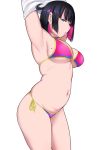  1girl armpits arms_up bikini black_hair blue_eyes bob_cut breasts earrings eyeliner jewelry looking_at_viewer makeup miyamoto_issa mole mole_on_breast multicolored_hair navel original parted_lips pink_bikini purple_hair short_hair simple_background solo swimsuit two-tone_hair white_background 