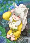  1girl ^_^ absurdres animal_ears arm_rest arm_up boots buttons closed_eyes day eyebrows_visible_through_hair flower from_above full_body grey_hair hair_between_eyes hand_rest highres holding holding_flower hydrangea japari_symbol kemono_friends knee_boots komeiponkiti lion_ears long_hair long_sleeves open_mouth outdoors puddle rain raincoat rubber_boots smile solo water water_drop wet wet_clothes wet_face wet_hair white_lion_(kemono_friends) 