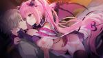  anneliese blush breast_grab breasts demon game_cg gray_hair hug kimagure_temptation kimishima_ao long_hair male navel nipples panties pink_hair purple_eyes see_through sekai_project short_hair silkys_plus succubus tail thighhighs twintails underwear wings 