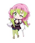  1girl ;) bangs black_jacket black_skirt blush breasts chibi cleavage eyebrows_behind_hair full_body gradient_hair green_eyes green_hair green_legwear highres jacket kanroji_mitsuri katana kimetsu_no_yaiba kuena long_hair long_sleeves medium_breasts mole mole_under_eye multicolored_hair one_eye_closed open_clothes open_jacket open_shirt pink_hair pleated_skirt ribbed_legwear sheath sheathed shirt simple_background skirt smile solo standing standing_on_one_leg sword thighhighs tri_braids very_long_hair weapon white_background white_shirt wide_sleeves zouri 