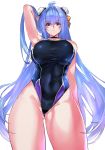  1girl ahoge armpits black_swimsuit blue_hair breasts bun_cover double_bun from_below highleg highleg_swimsuit highres kos-mos large_breasts long_hair looking_at_viewer negresco red_eyes simple_background solo swimsuit white_background xenosaga 