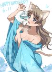  1girl absurdres animal_ears bare_shoulders blue_eyes blue_kimono breasts brown_hair cat_ears cat_tail dated fish goldfish happy_birthday highres japanese_clothes kimono large_breasts long_hair lynette_bishop naked_kimono off_shoulder open_clothes open_kimono shiny shiny_hair shiny_skin solo strike_witches tail tokiani world_witches_series 